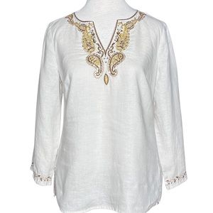 Will Smith Embroidered with Sequins Linen Tunic Top  Size 4 Excellent Pre Loved